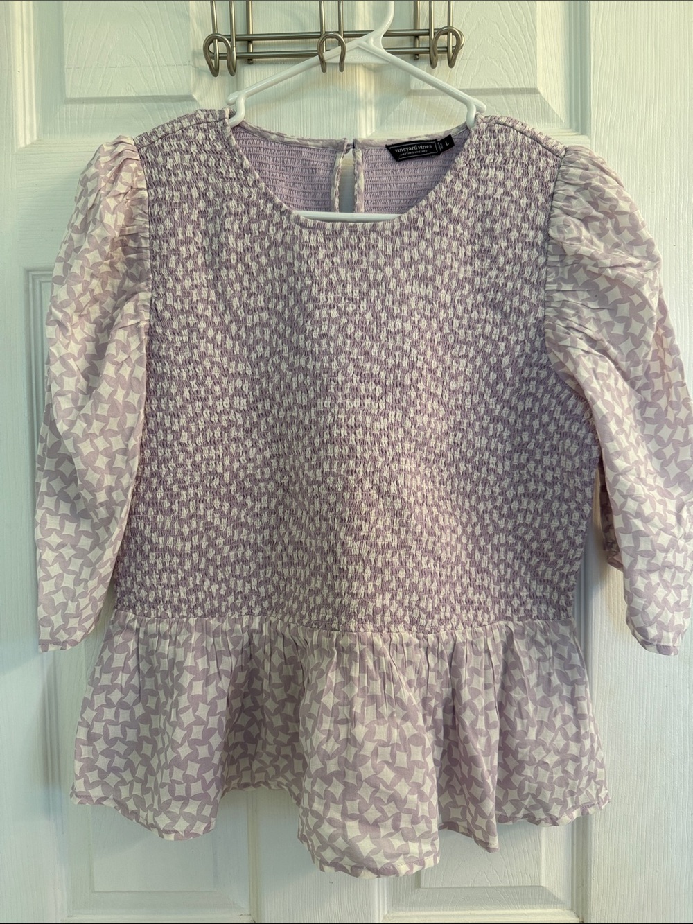 Vineyard Vines Lilac Smocked Peplum Puff-Sleeve Blouse Size Large NWOT